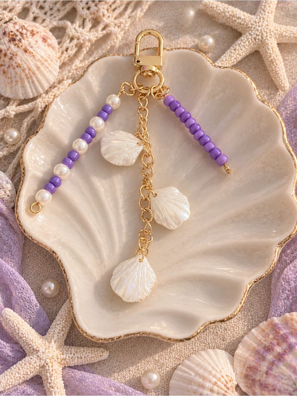 Lavender Seashell Charm Keychain/Handmade Coastal Beaded Bag Charm